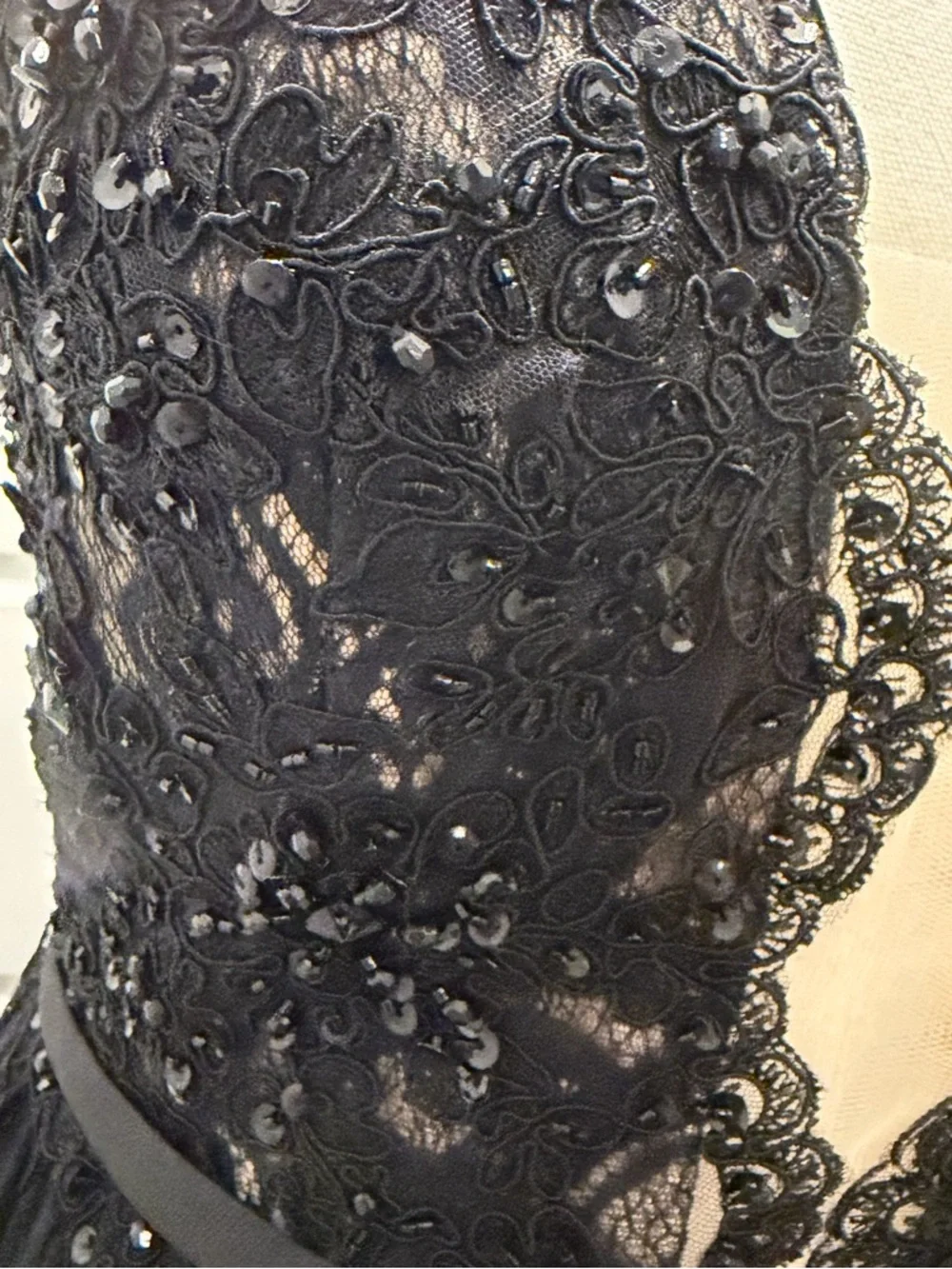 🔥Mac Duggal Black Lace Midi Dress with Nude Illusion Bodice - Picture 6 of 11